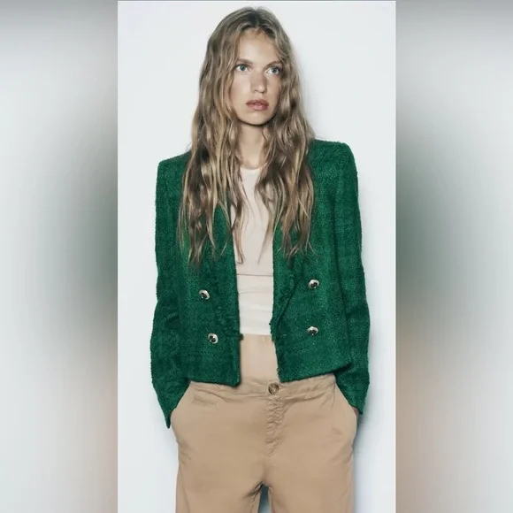 🆕(NWT) ZARA Bloggers Fav Green Tweed Double Breasted Cropped Blazer. Size XS - Picture 9 of 16